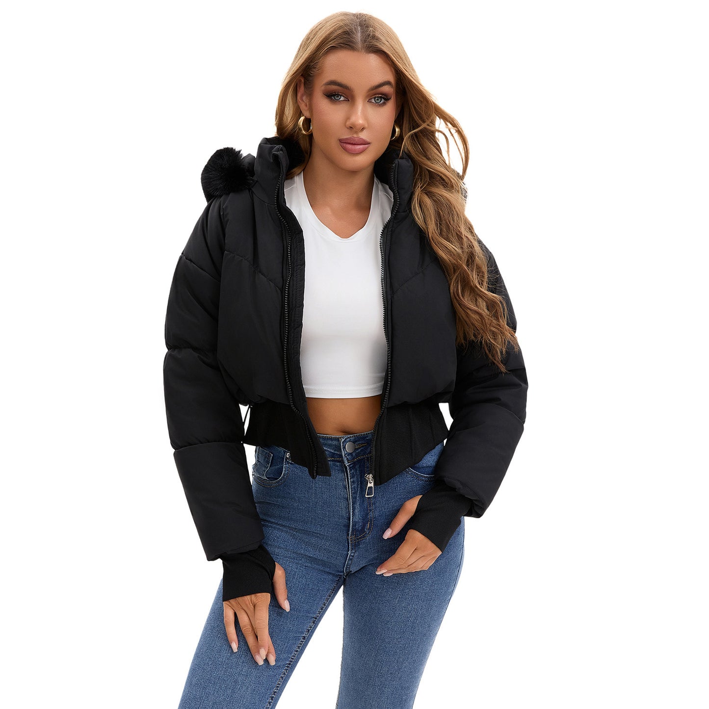 Veste Courte à Capuche pour Femme – Taille Cintrée & Grand Col en Fourrure
