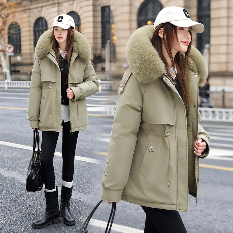 Veste chaude pour femme – Coton épais matelassé, doublure polaire et grand col en fausse fourrure