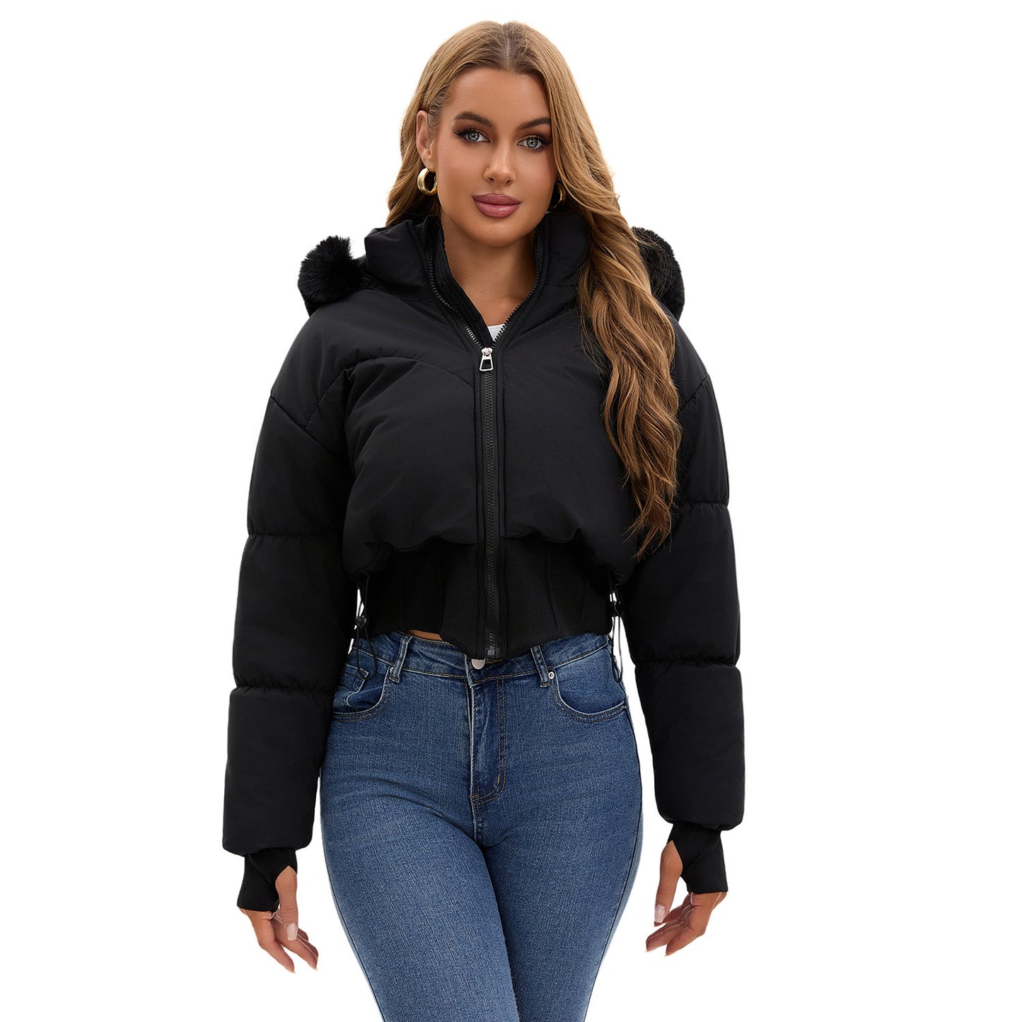 Veste Courte à Capuche pour Femme – Taille Cintrée & Grand Col en Fourrure