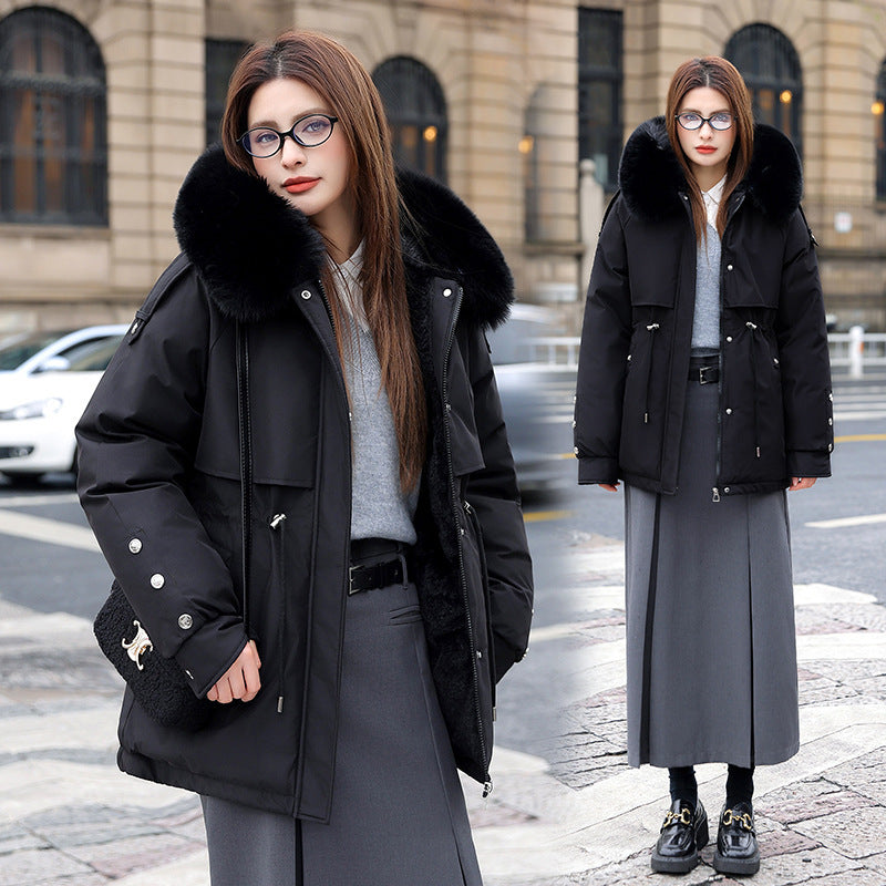 Veste chaude pour femme – Coton épais matelassé, doublure polaire et grand col en fausse fourrure