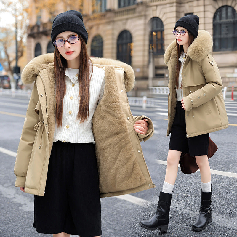 Veste chaude pour femme – Coton épais matelassé, doublure polaire et grand col en fausse fourrure