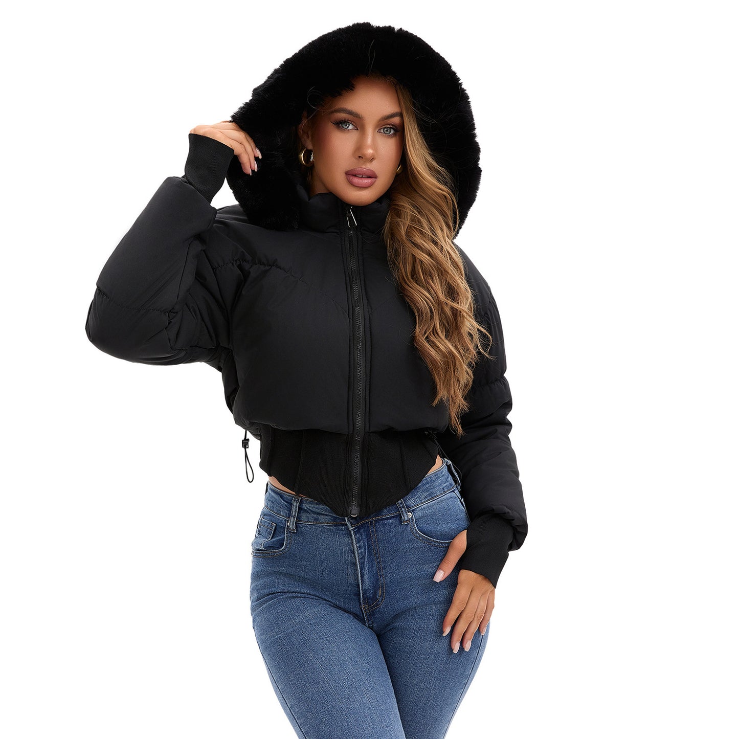 Veste Courte à Capuche pour Femme – Taille Cintrée & Grand Col en Fourrure