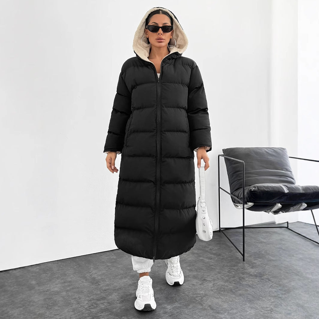 Doudoune longue à capuche – Style casual moderne, coupe sous le genou
