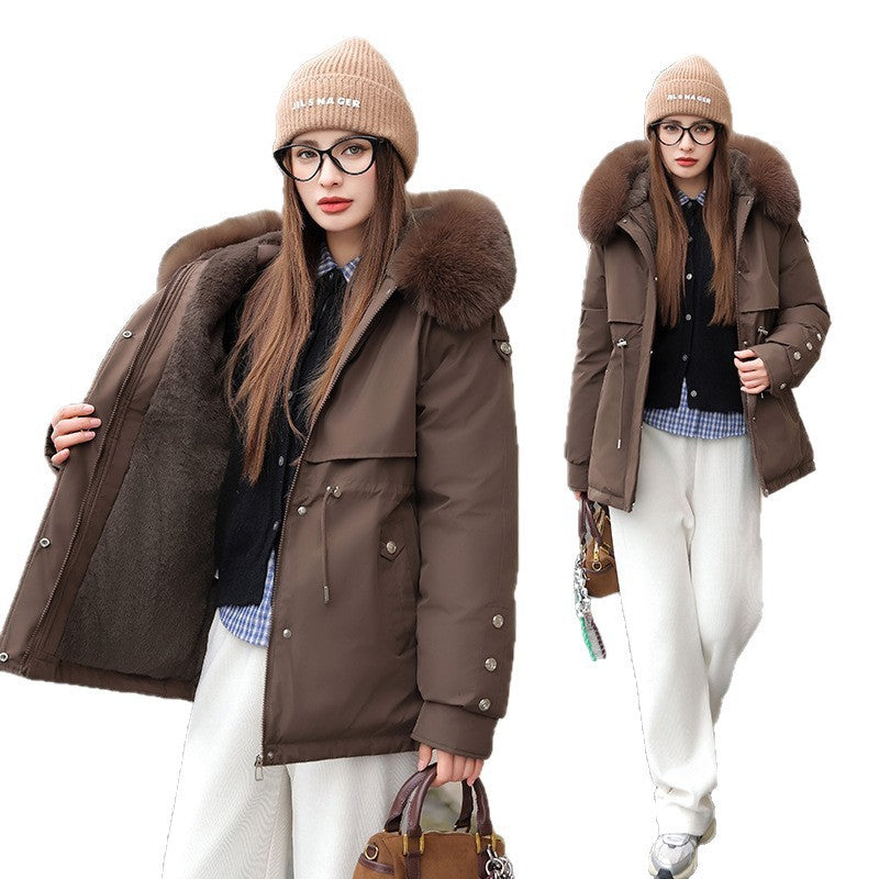 Veste chaude pour femme – Coton épais matelassé, doublure polaire et grand col en fausse fourrure