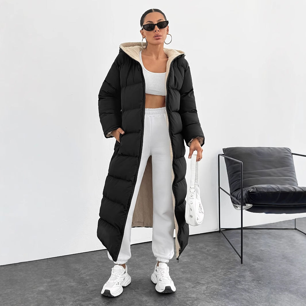 Doudoune longue à capuche – Style casual moderne, coupe sous le genou