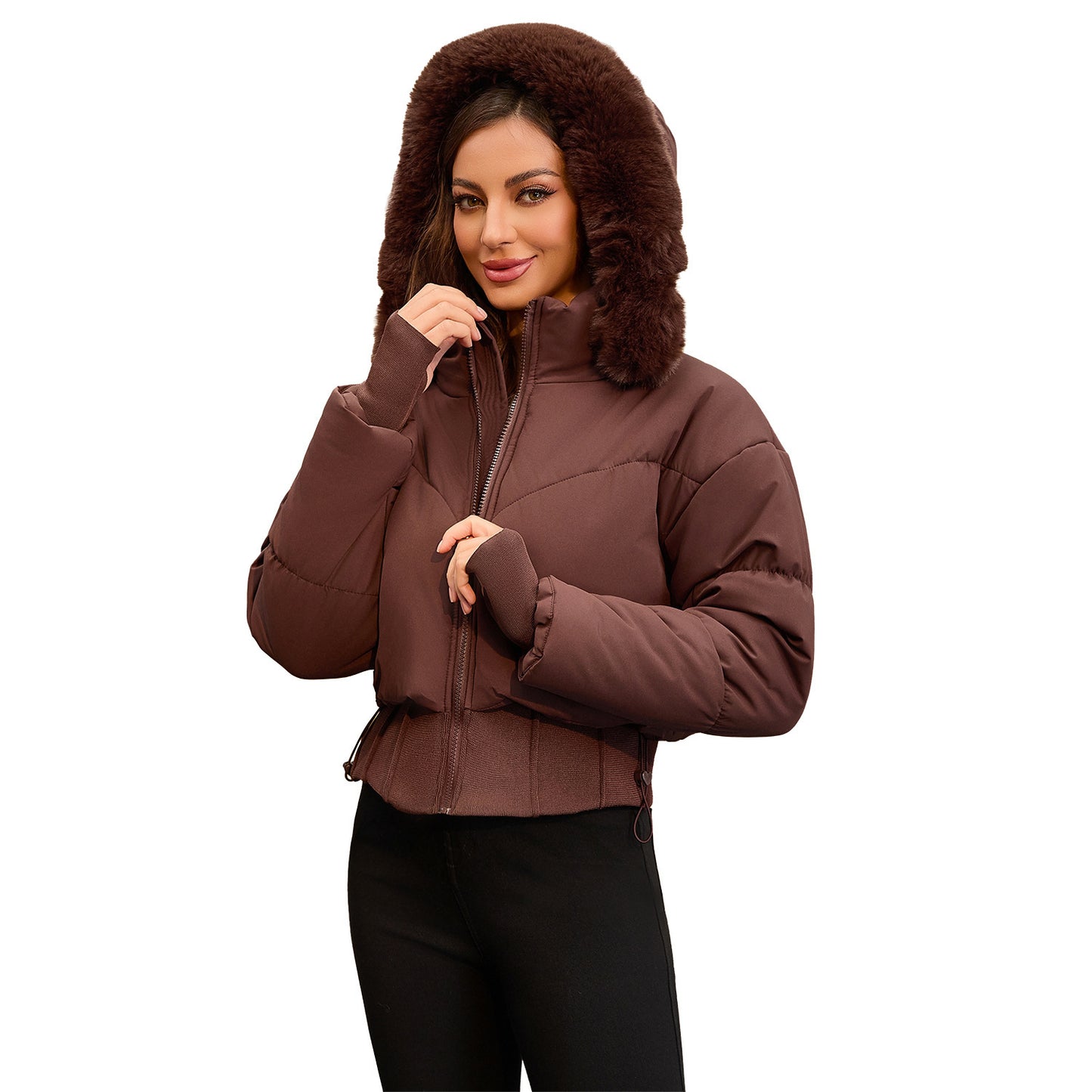 Veste Courte à Capuche pour Femme – Taille Cintrée & Grand Col en Fourrure