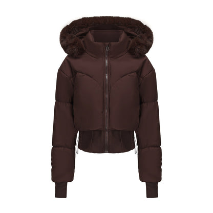 Veste Courte à Capuche pour Femme – Taille Cintrée & Grand Col en Fourrure