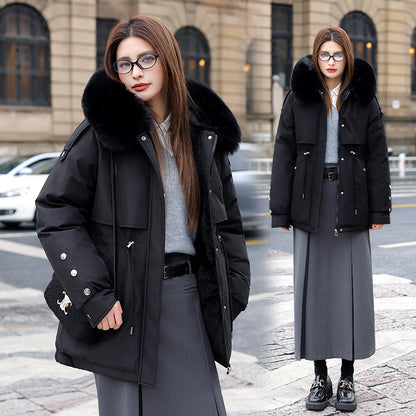 Veste chaude pour femme – Coton épais matelassé, doublure polaire et grand col en fausse fourrure