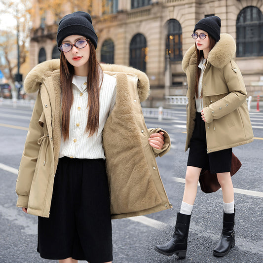 Veste chaude pour femme – Coton épais matelassé, doublure polaire et grand col en fausse fourrure
