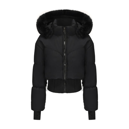 Veste Courte à Capuche pour Femme – Taille Cintrée & Grand Col en Fourrure