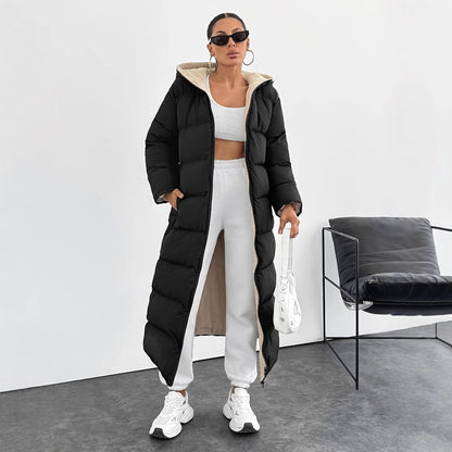 Doudoune longue à capuche – Style casual moderne, coupe sous le genou