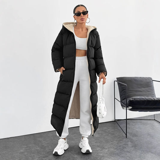 Doudoune longue à capuche – Style casual moderne, coupe sous le genou