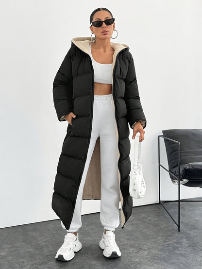 Doudoune longue à capuche – Style casual moderne, coupe sous le genou