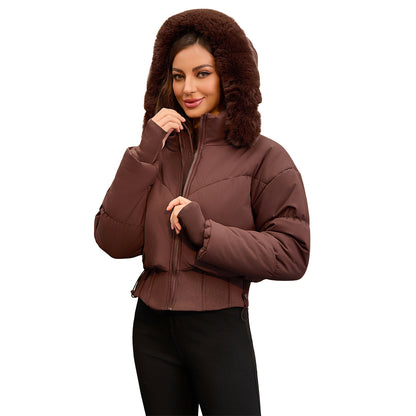 Veste Courte à Capuche pour Femme – Taille Cintrée & Grand Col en Fourrure